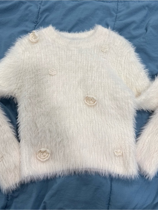 Zara Sweaters - Zara Cream Fuzzy Crewneck Sweater with Floral Rosette Details